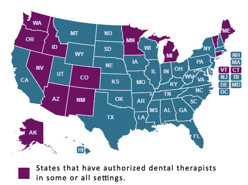 Map of the united states showing that WA, OR, ID, NV, AZ, NM, CO, MN, MI, ME, CT, VT, AK have authorized dental therapists in some or all settings